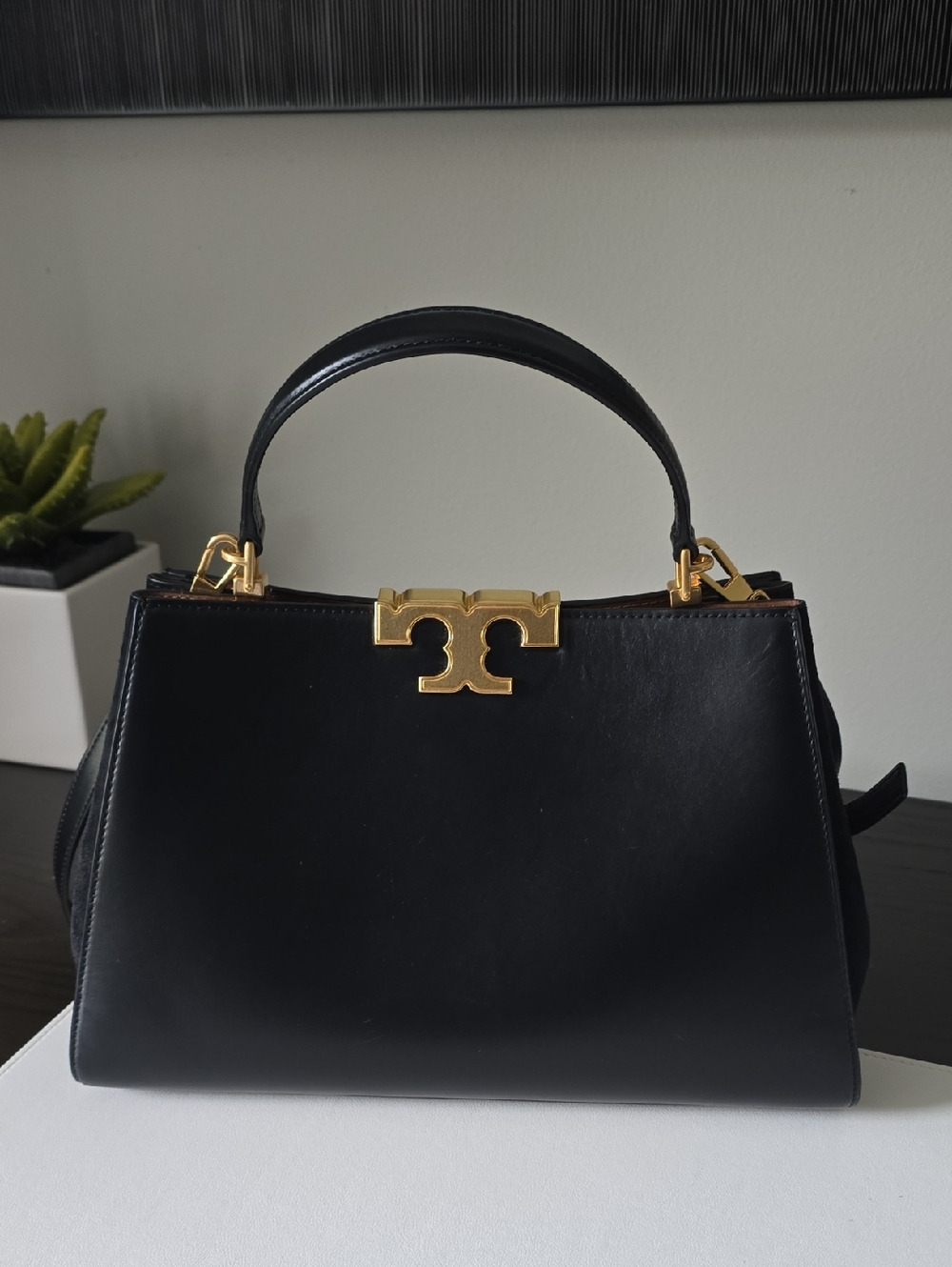 Tory Burch Black Leather Top-Handle Eleanor Satchel with Gold Logo